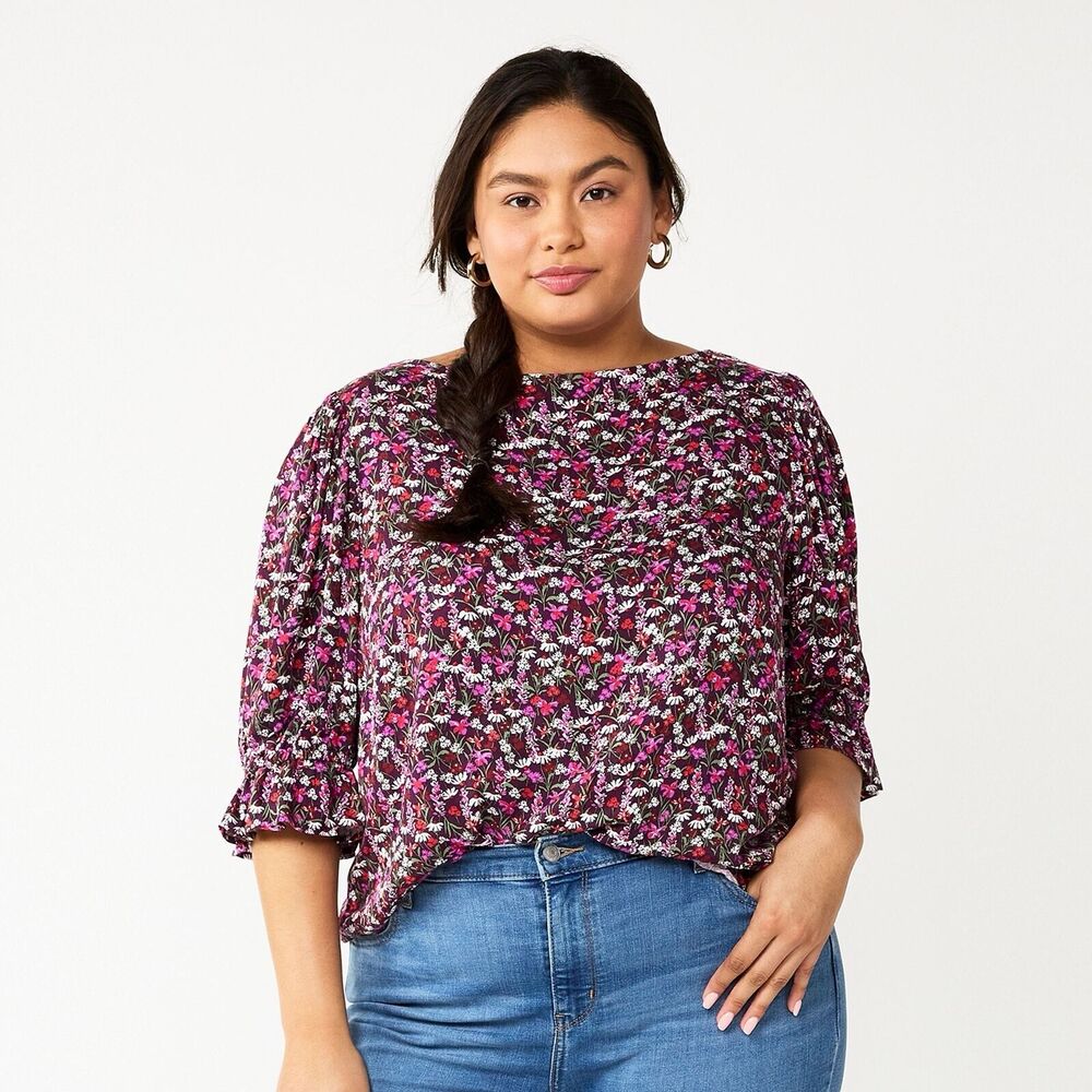 Draper James‎ Plus Size 3X Multi Color Floral Puff Sleeve Boho Fairy Blouse Top